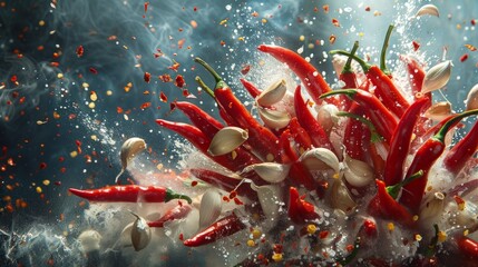 Vibrant chili peppers and spices caught in motion