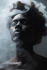 Portrait of a black woman fading and dissolving into the smoke dark background. Closed eyes. Praying and supernatural mood. Ghostly. Also related to dejected, sullen, lonesome, dismal, woeful