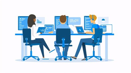 a group of people sitting at a table with computers