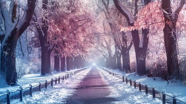 Beautiful alley in the park in winter with trees covered in snow and frost. seamless and looping 4k