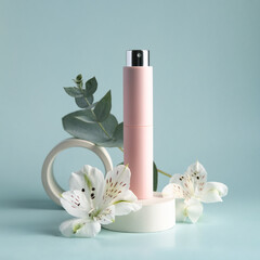 conceptual still life, pink perfume bottle with floral fragrance aroma of alstroemeria flowers and eucalyptus leaves, delicate and aesthetic composition