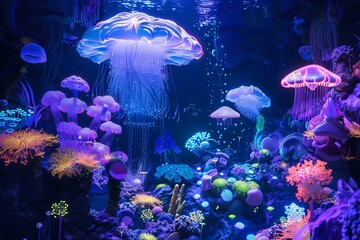 Fototapeta na wymiar Surreal marine landscape pulsating with glowing sea creatures and intricate coral ecosystems in an otherworldly underwater realm.