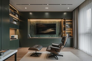 This image showcases a sleek, modern studio apartment featuring a statement dark green, wall-mounted TV cabinet, complemented by a stylish caramel leather armchair and an elegant floor lamp