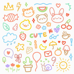 Set of cute hand drawn doodle for kids.Hand drawn colored set of simple decorative elements. Various icons such as hearts, stars, speech bubbles, cat, lines isolated on white background.
