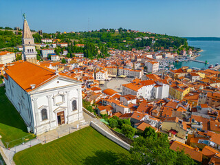 Aerial view of the cathedral and city center of Piran, Slovenia