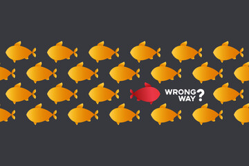 Motivation poster Wrong way, move against the crowd, to be different, unique personality or standing out from the crowd, leadership quality. 