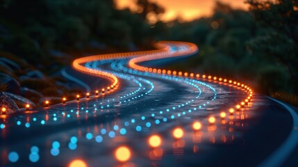 Curved Road Illuminated With Many Lights