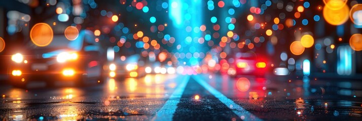 Bustling City Street Traffic at Night