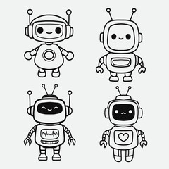set of funny cartoon robots. Simple robot character set.