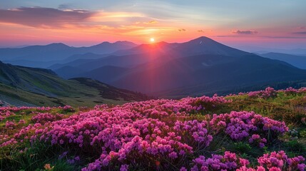 Sunset Over Mountains With Wildflowers