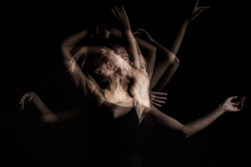 abstract female dancer dance performance dark background studio long exposure multi flash