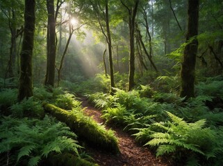 Winding path cuts through lush forest filled with variety of green vegetation. Dense foliage creates serene atmosphere, with sunlight filtering through canopy above. Various types of trees, ferns,. - Powered by Adobe