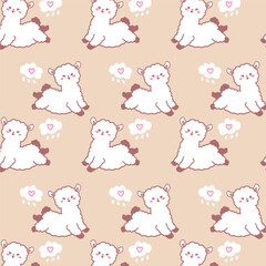 Seamless vector pattern with cute alpacas and hearts. Kawaii cute seamless pattern with alpaca on soft brown background.