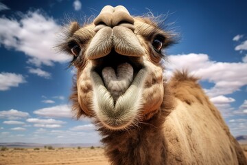 Camel in desert, funny portrait. Generative ai image