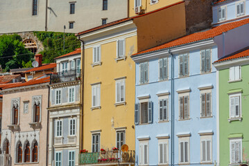 Fototapeta na wymiar Colourful facades at Tartini square in Piran, Slovenia