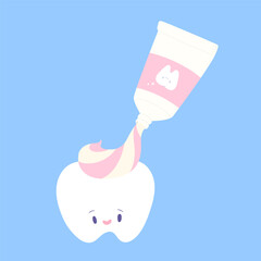 Cute tooth with pink toothpaste on head isolate on blue background. Concept of dentistry, dental health care, brushing teeth, oral health. Flat vector illustration cartoon.