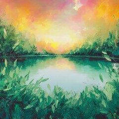 Serene Sunrise Reflections on a River in a Vibrant Landscape Painting - obrazy, fototapety, plakaty