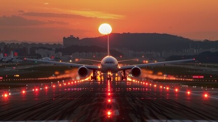 Fototapeta premium Touchdown at Dusk: Airplane Arrival