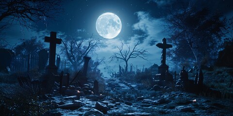 a moon over a cemetery - obrazy, fototapety, plakaty