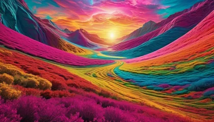 Papier Peint photo autocollant Violet A vibrant and surreal landscape bathed in the light of a setting sun, with rolling hills in rainbow hues, ideal for creative backgrounds and inspirational concepts.