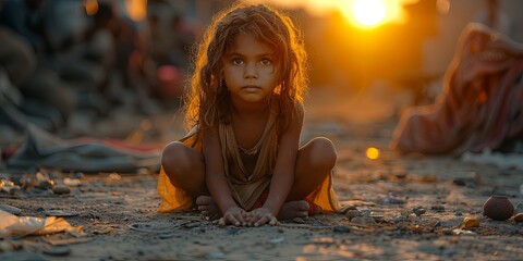 Portrait of a young child captured in a moment of contemplation during a stunning sunset.