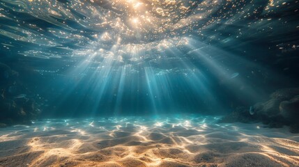Sunbeams piercing through ocean water to sandy floor. - obrazy, fototapety, plakaty