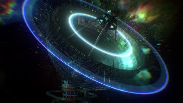 A large space satellite dish emitting glowing pulses to send out messages in the search for extraterrestrial life.