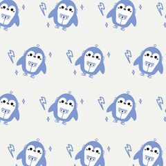 Kawaii cute seamless pattern with blue penguin robot on white background.