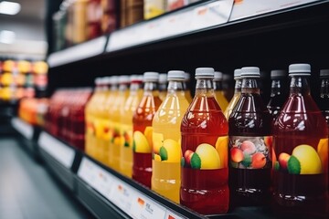 Several bottles of fresh apple juice on a shelf in a store. Commerce and health