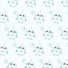 Kawaii cute seamless pattern with green penguin robot and heart on white background.