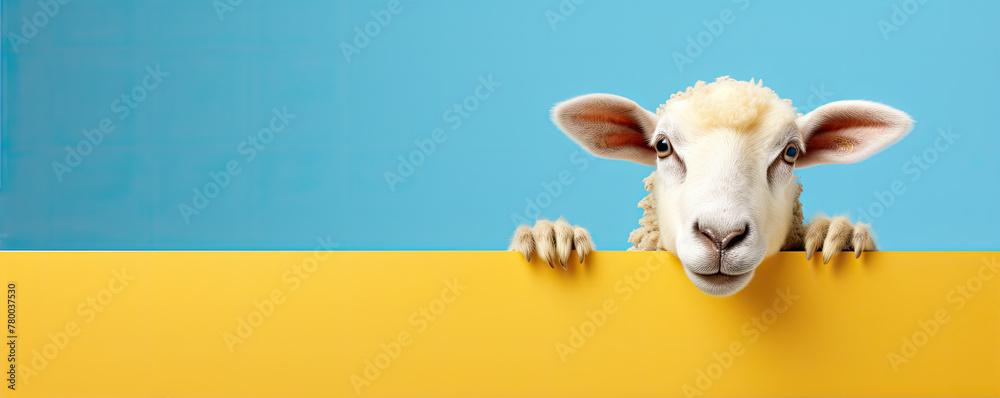 Wall mural Funny sheep head on yellow light blue wall.