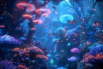 Surreal underwater world with glowing sea creatures and coral reefs.