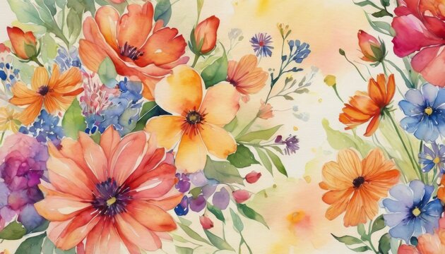 A vibrant watercolor painting featuring a bouquet of assorted flowers in full bloom, showcasing a spectrum of warm colors.