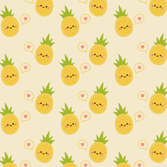 Naklejka premium Kawaii cute seamless pattern with pineapple on yellow background.