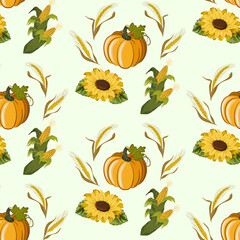 Autumn harvest in a pattern.Colored vector pattern with pumpkins, corn, ears of corn and sunflowers on a transparent background.