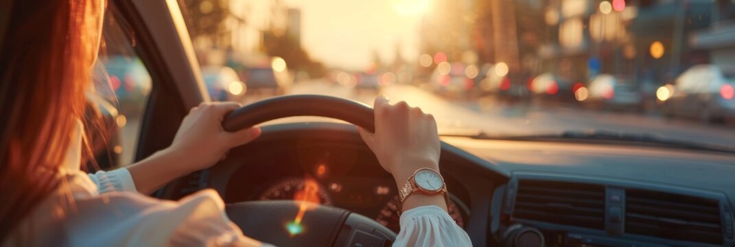 A car's interior is shown, with the steering wheel and dashboard in focus. The background shows an open highway under a cloudy dusk sky. Driving a a car, stopping at a stop light in evening dim light