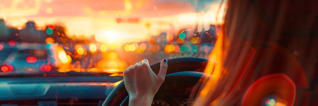 A car's interior is shown, with the steering wheel and dashboard in focus. The background shows an open highway under a cloudy dusk sky. Driving a a car, stopping at a stop light in evening dim light
