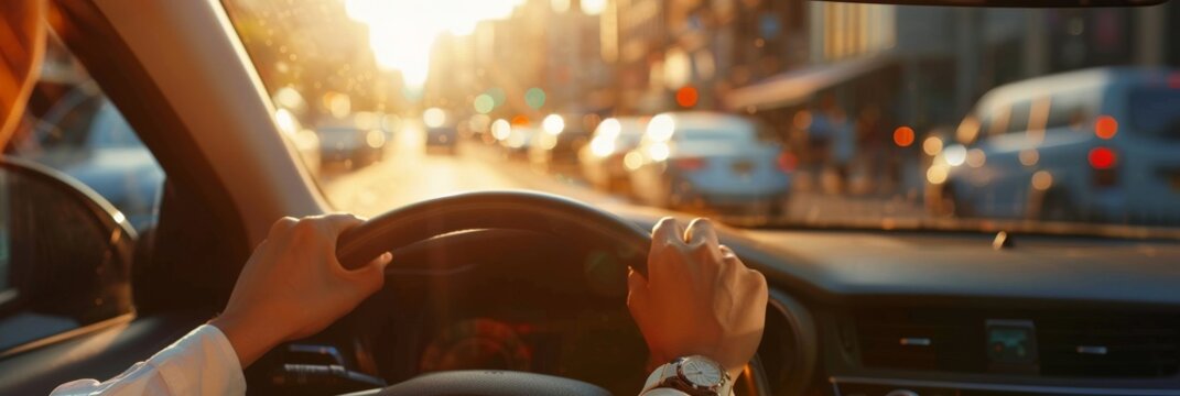 A car's interior is shown, with the steering wheel and dashboard in focus. The background shows an open highway under a cloudy dusk sky. Driving a a car, stopping at a stop light in evening dim light - Powered by Adobe