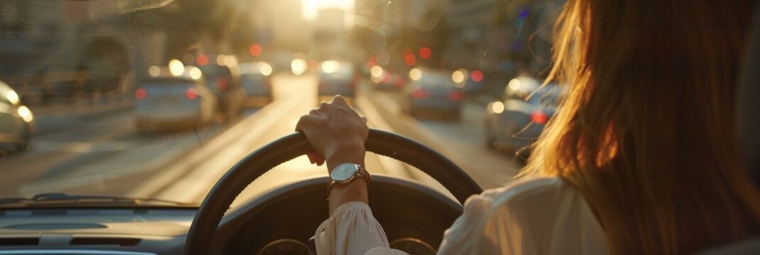 A car's interior is shown, with the steering wheel and dashboard in focus. The background shows an open highway under a cloudy dusk sky. Driving a a car, stopping at a stop light in evening dim light - Powered by Adobe
