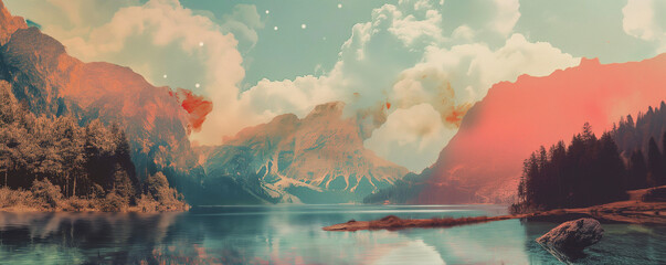 Serene Mountain Lake Panorama at Dusk - obrazy, fototapety, plakaty
