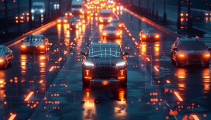 A car on the highway with glowing data lines around it. Dynamic Rear View of Car Traveling on Wet Road at Night with Light Trails. racing through neon city streets. Vibrant sleek automobile.
