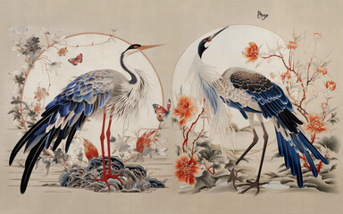 wallpaper drawing wallpaper of a landscape of birds crane in the middle of the forest in vintage style .