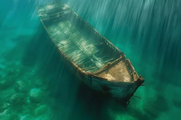 Foto op Canvas A shipwreck is seen in the ocean with a lot of debris and fish swimming around it. Scene is eerie and mysterious, as the ship is long gone and the ocean is filled with life © Yuliia