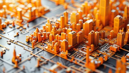 3d model of city map with buildings and roads, orange network lines connecting them to each other. an intricate city model with skyscrapers.