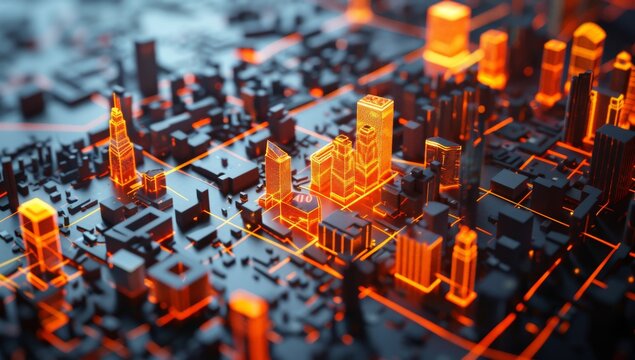 3d model of city map with buildings and roads, orange network lines connecting them to each other. an intricate city model with skyscrapers.