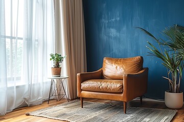 A minimalist living room scene highlighted by a striking dark blue wall, featuring a sleek black leather armchair and softly illuminated by a floor lamp casting a warm glow
