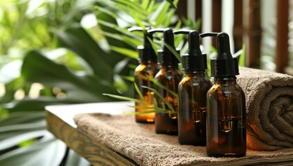 A row of amber glass bottles with dropper tops, each containing essential oils or liquid scents. Collection of organic cosmetic oils is elegantly displayed Each bottle, made of brown glass