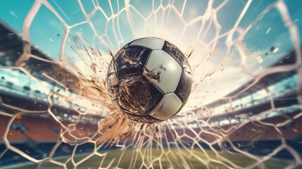 Soccer ball in goal in a soccer field. - obrazy, fototapety, plakaty