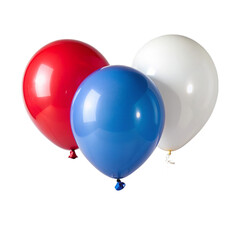 Three patriotic balloons in red, white, and blue colors on transparent background.