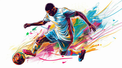 A carefully crafted football player with a ball, the influence of street graffiti, a mysterious mood, bright colors with sharp contrasting shadows. 